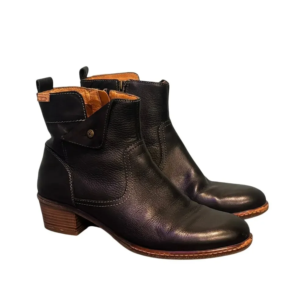Pikolinos Black Leather Ankle Boots Block Heel Side Zip Size 42 US 11